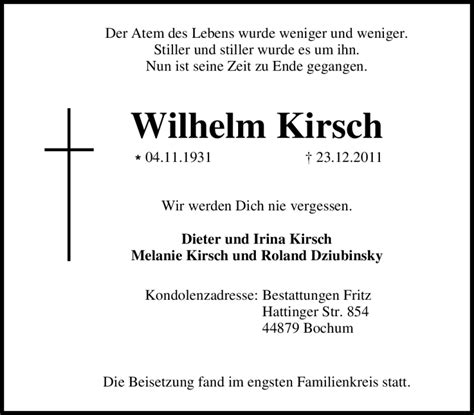 Traueranzeigen Von Wilhelm Kirsch Trauer In Nrw De