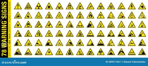 Full Set Of 78 Isolated Hazardous Symbols On Yellow Round Triangle Board Warning Sign. Official ...