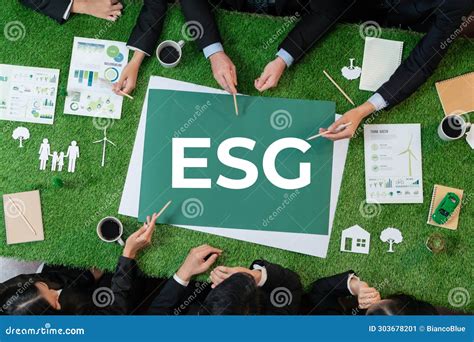 Top View Panoramic Banner ESG Symbol On Green Grass Meeting Table