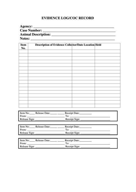 Printable Evidence Log Sheet