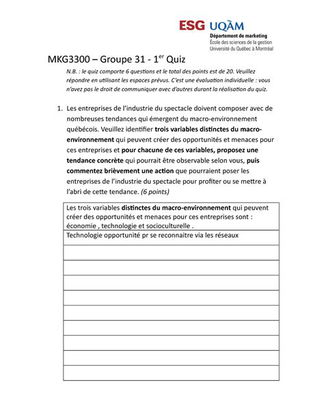 QUIZ 1 MKG3300 MKG3300 Groupe 31 1er Quiz N Le Quiz Comporte