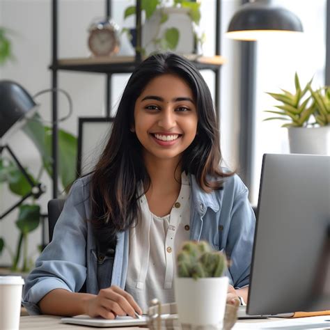 Premium Photo A Woman Sits At A Desk In Front Of A Laptop Computer