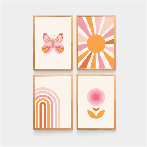 Blush Pink Art Set Print Set Of 4 Print Retro Wall Art Set 70s Etsy Uk