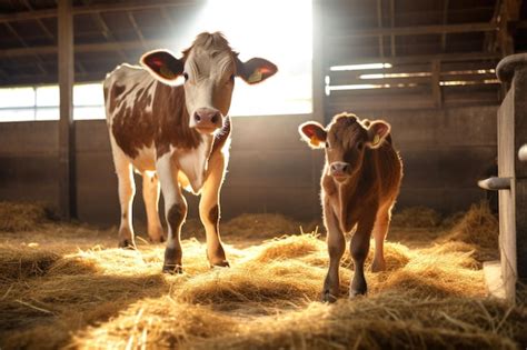 Una Vaca Con Un Ternero Pequeño Está Parada En Un Establo El Establo De