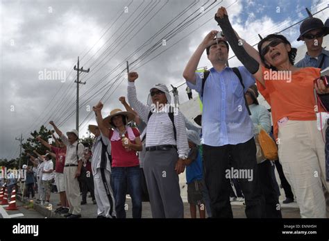 Okinawa Japan People Protesting By Camp Schwab Marines Base Against