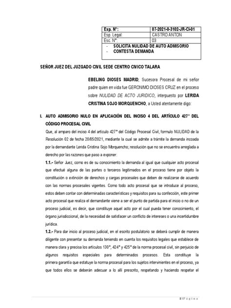 Contesta Demanda Nulidad De Acto Jurídico Caso Practico Luis Mario