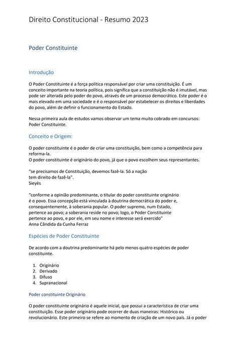 Solution Poder Constituinte Resumo Direito Constitucional Studypool