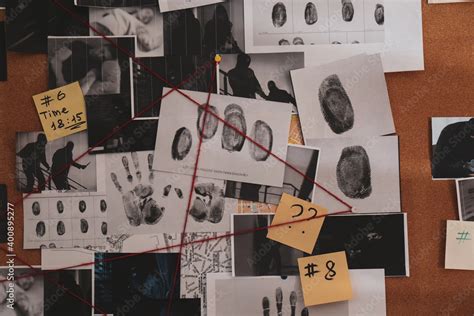 Detective Board With Crime Scene Photos Stickers Clues And Red Thread