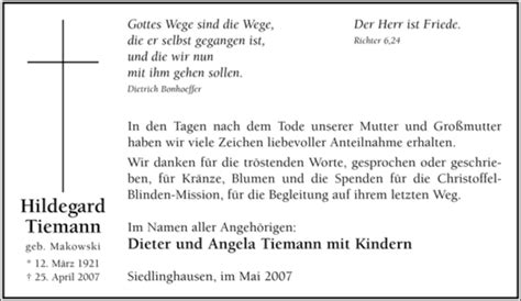 Trauer Und Todesanzeigen Von Hildegard Tiemann Trauer De