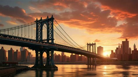 Sunset View Of Manhattan Bridge And Skyline From Brooklyn In New York