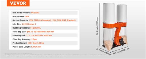 Vevor Hp Dust Collector With Cfm Air Flow Bag Dust Collector V