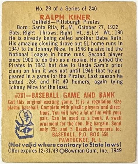 Ralph Kiner 1949 Bowman Pittsburgh Pirates Baseball Card KBK Sports