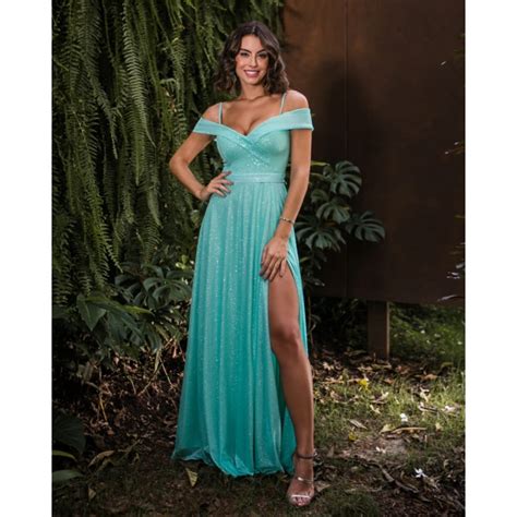 Vestido Verde Tiffany Ombro A Ombro Em Lurex