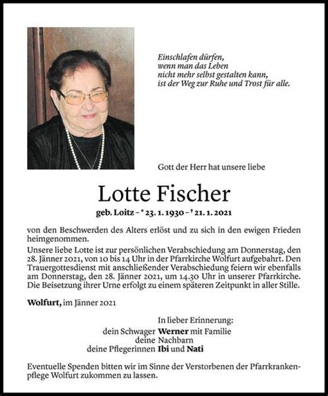 Todesanzeigen Von Lotte Fischer Todesanzeigen Vorarlberger Nachrichten