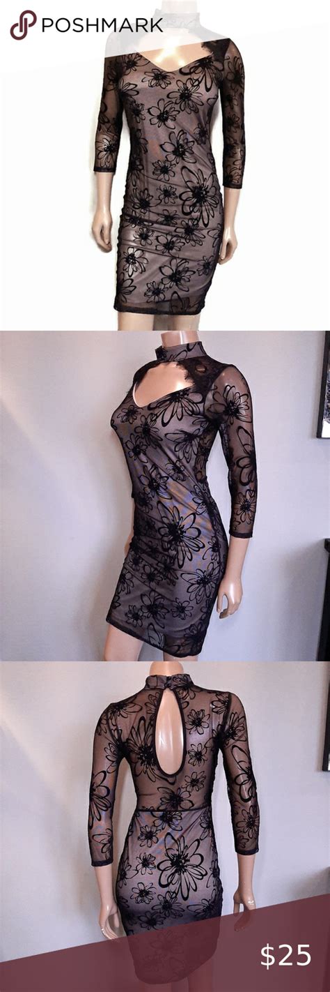 Mock Neck Floral Sheer Mesh Lace Bodycon Dress Lace Bodycon Dress