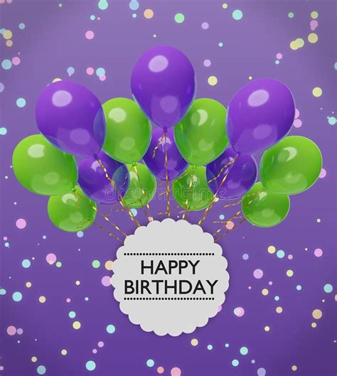 Happy Birthday Greetings with Violet and Green Balloons 3d Rendering ...