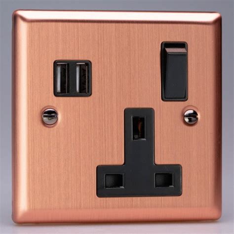 Varilight Urban Brushed Copper 1 Gang 13a Switched Socket With Dual Usb Charging Ports Black