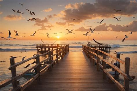 Premium AI Image Wooden Pier At Sunset With Seagulls Flying In The Sky