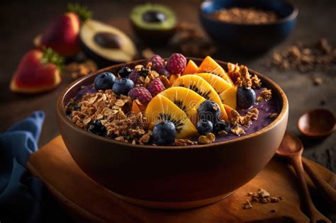 Healthy Acai Bowl With Granola Fruit And Honey Generative Ai Stock