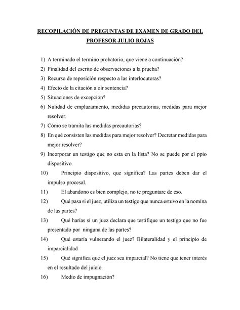 Preguntas examen de grado procesal julio rojas RECOPILACIÓN DE