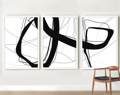 Black And White Abstract Art Set Of 3 Art Prints Minimal Etsy