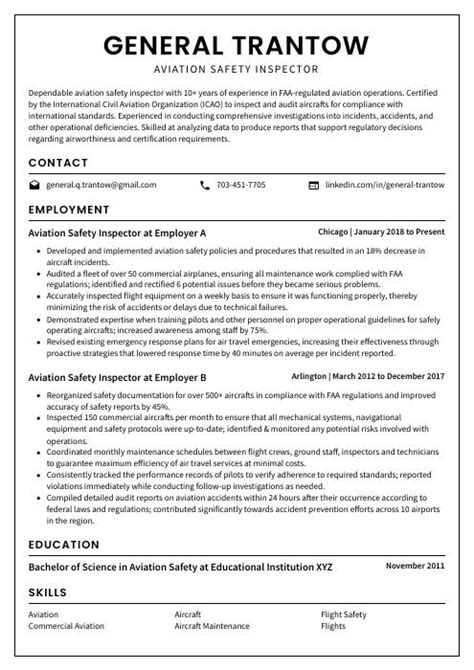 Aviation Safety Inspector Resume CV Example And Writing Guide