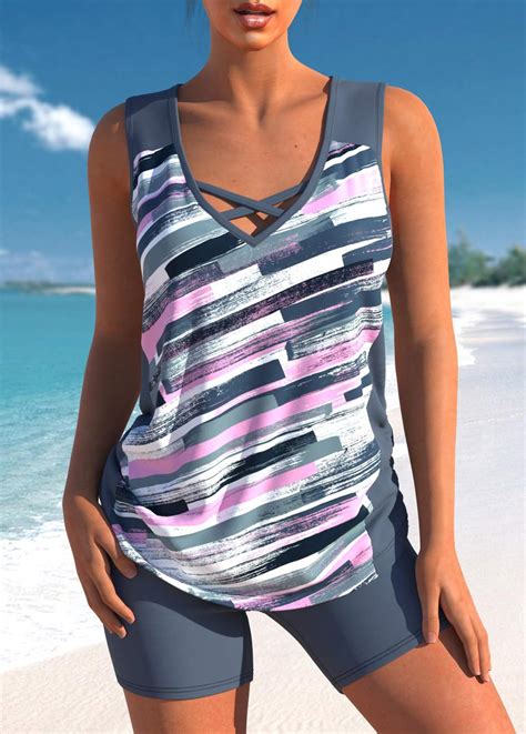 Graffiti Print Criss Cross Dark Grey Tankini Top Rosewe Usd