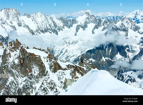 Mont Blanc Mountain Massif Summer Landscape View From Aiguille Du Midi