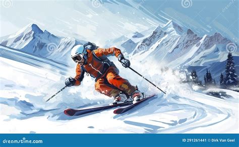 Vector Illustration Hand Drawn Advanced Skier Slides Near Mountain