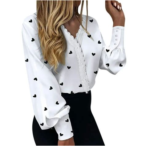 Ussuma Women Tops Dressy Casual Long Sleeve Womens V Neck Lace Shirts Puff Sleeve Button Down