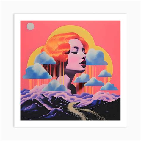 Risograph Style Surreal Scene Redhead Woman And Clouds 2 Art Print By The Marmalade Cat Fy