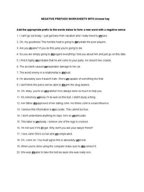 Negative Prefixes Worksheets With Answer Key Pdf