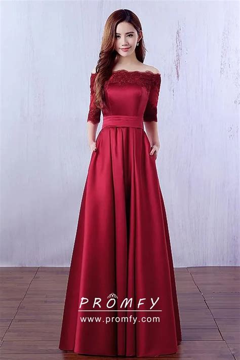 Off The Shoulder Half Sleeve Red Satin Formal Gown Promfy