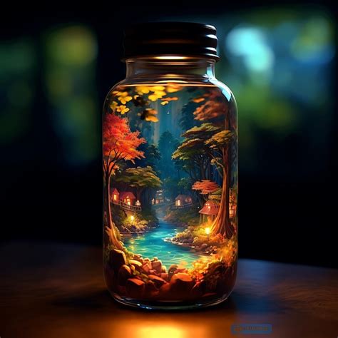 Premium AI Image | A jar that shows a landscape painting inside bottle