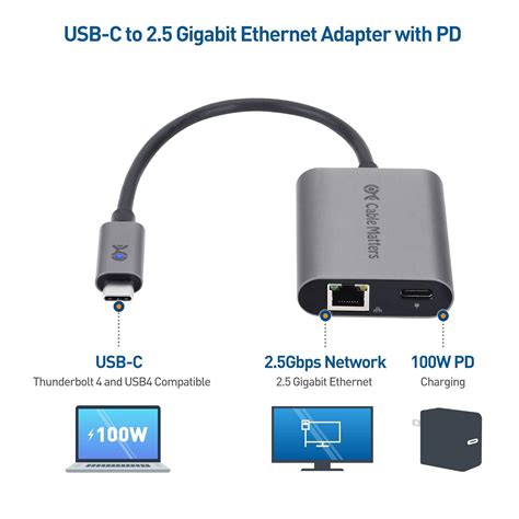 Cable Matters Usb C To 2 5 Gigabit Ethernet Adapter With Charging 100w 2 5g Ethernet To Usb C