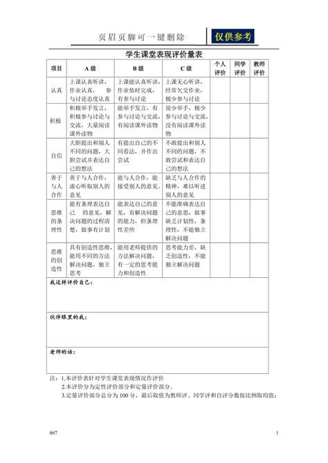 学生课堂表现评价量表54245稻谷文书