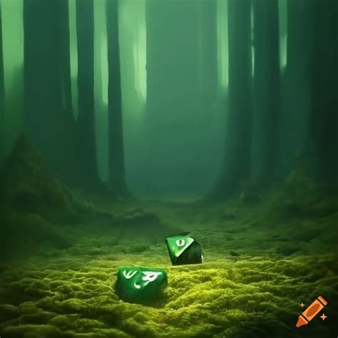 Fantasy Semi Forested Landscape With Twenty Sided Dice On Mossy Ground