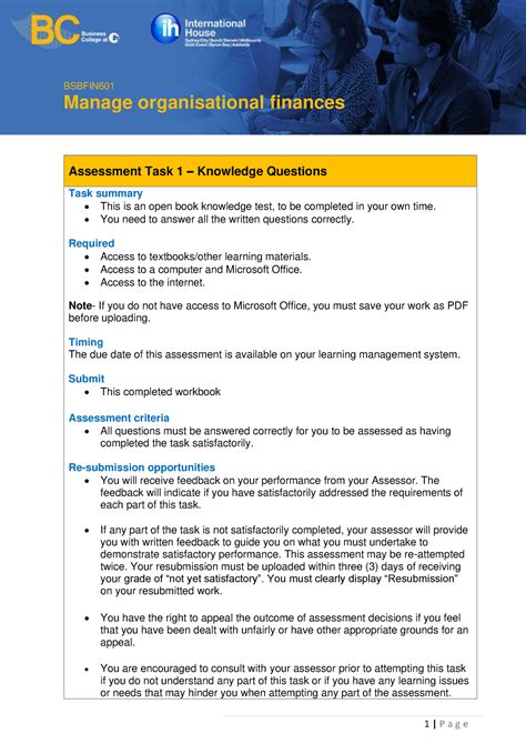 Bsbfin 601 Assessment Task 1 V2 BSBFIN Manage Organisational Finances