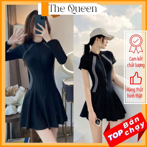 Đồ bơi nữ liền thân váy đi biển bikini một mảnh áo tay ngắn khóa kéo