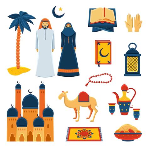 Conjunto de iconos planos de religión islam Vector Premium