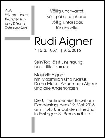 Traueranzeigen Von Rudi Aigner Zeit Des Gedenkens De