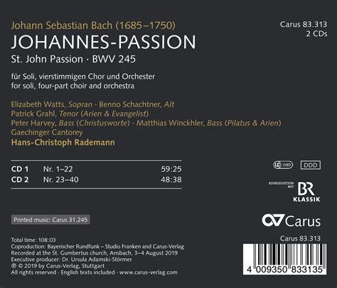 Johann Sebastian Bach Johannes Passion Bwv Cds Jpc