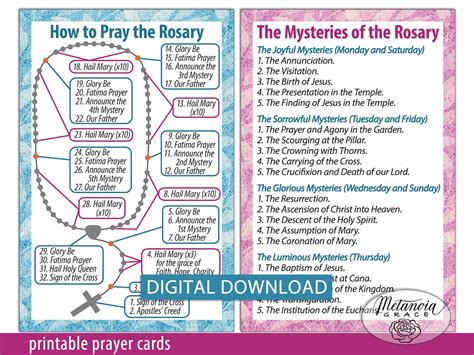 Printable Rosary Prayer Cards Holy Rosary Diagram Catholic Rosary