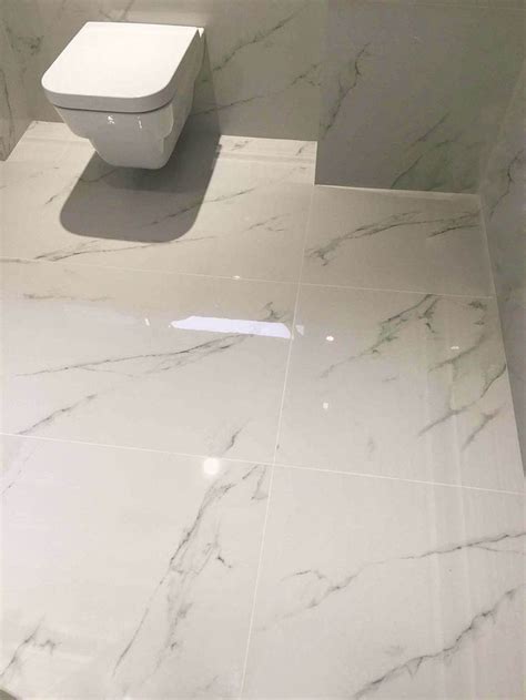 The Finish Bathroom Floor Featuring Pure White Carrara Marble Effect