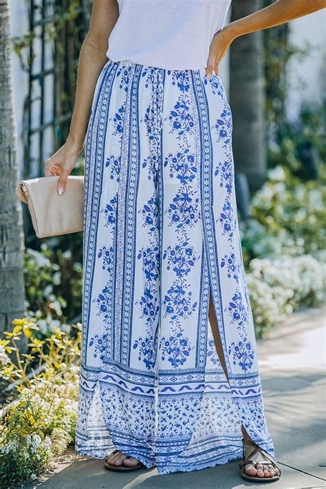 Blue Floral Print Wide Leg Pants With Slits Short Dresses Split Design