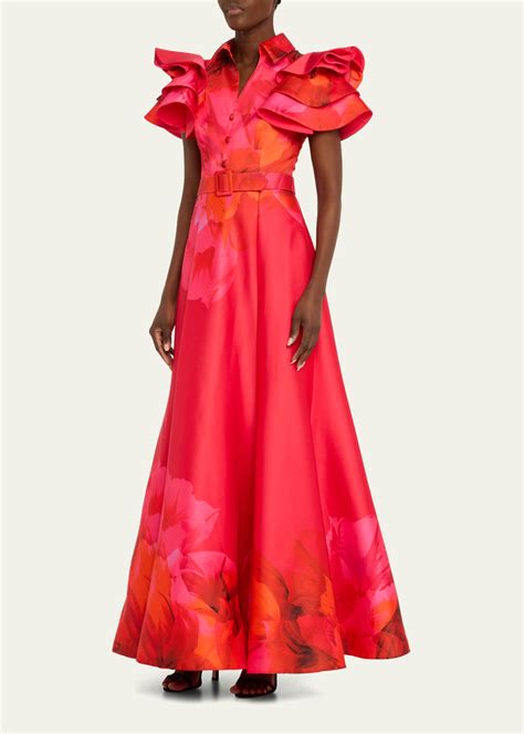 Badgley Mischka Collection Floral Print Ruffle Sleeve Shirt Gown