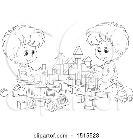 Clipart of Black and White Boys Playing with Toy Building Blocks and a ...