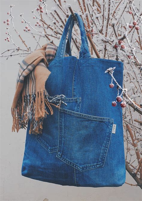 Upcycle Denim Fabric Repurposed Recycled Jeans Shopping Bag