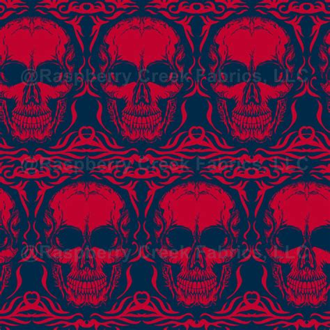 Goth Vampire Skull In Red And Navy Blue Raspberry Creek Fabrics