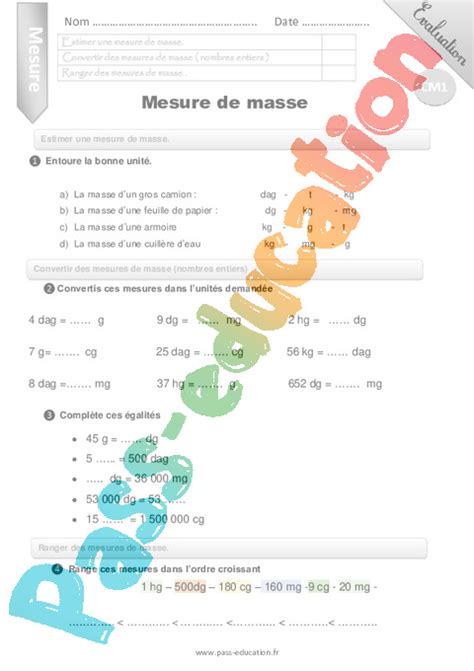 Evaluation Masse g kg CM1 Bilan et controle corrigé pdf à imprimer